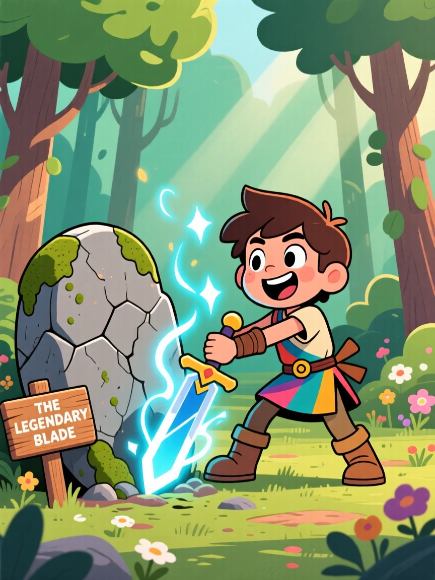 A young hero pulling a glowing sword from a stone in a forest clearing.