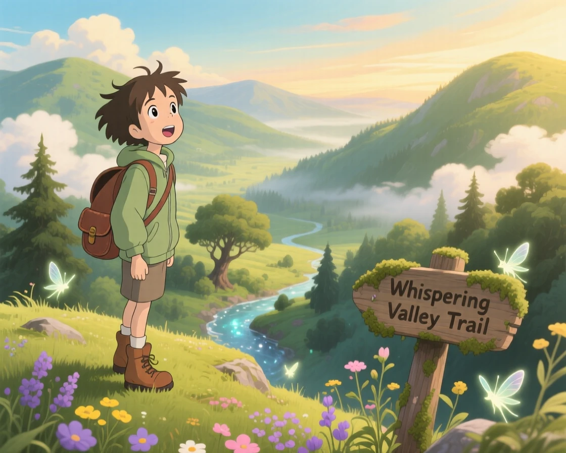 A hiker cresting a ridge to reveal a hidden valley below, the moment brimming with discovery.