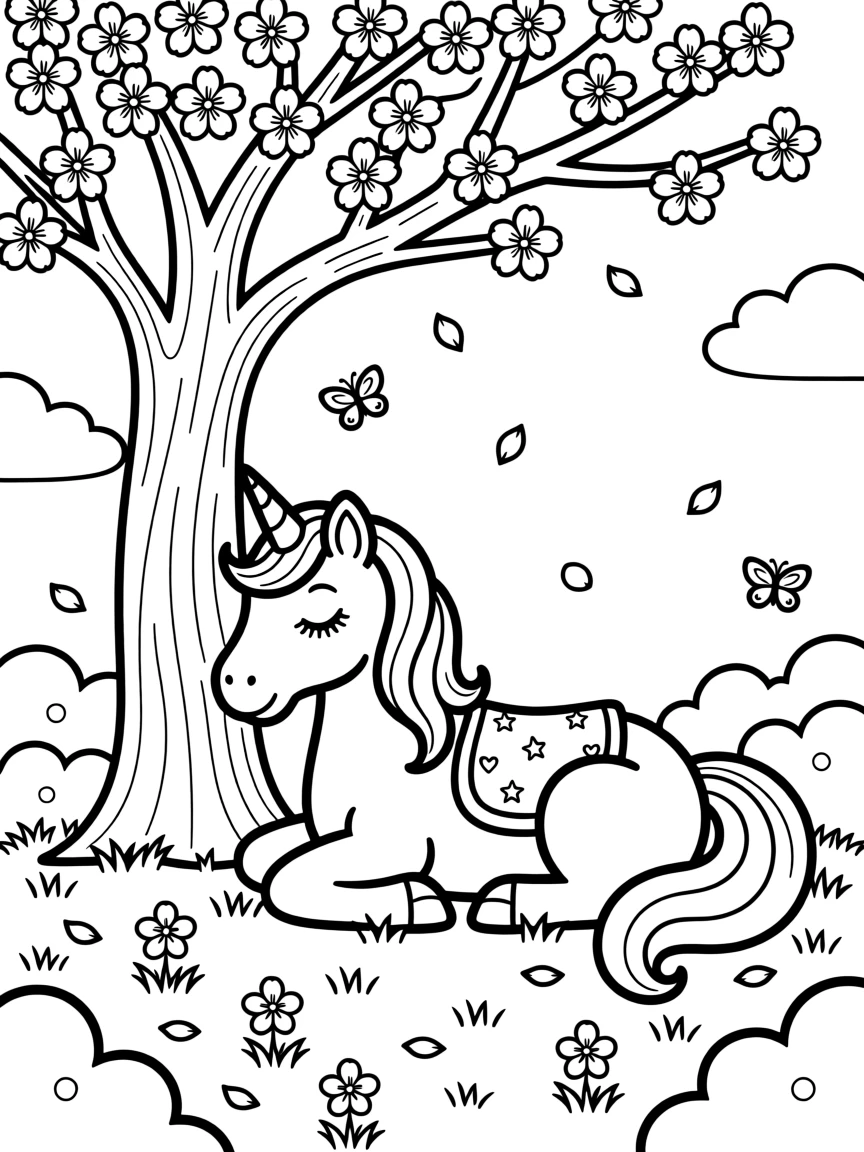 A unicorn resting beneath a blossoming cherry tree