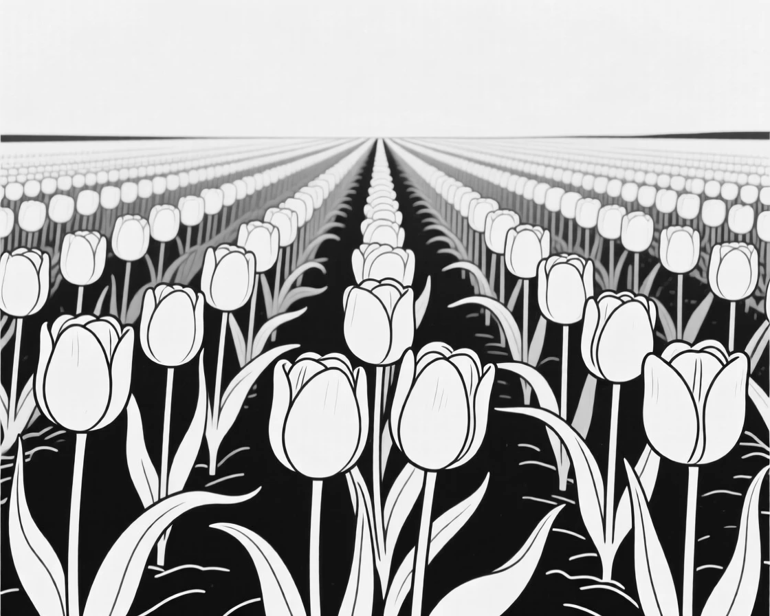 A field of tulips arranged in neat rows