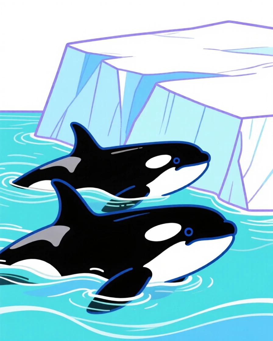 A pair of orcas swimming beside an iceberg.