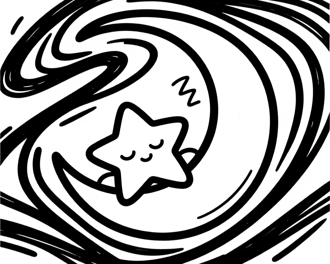 A tiny star-shaped creature falling asleep on a crescent moon.