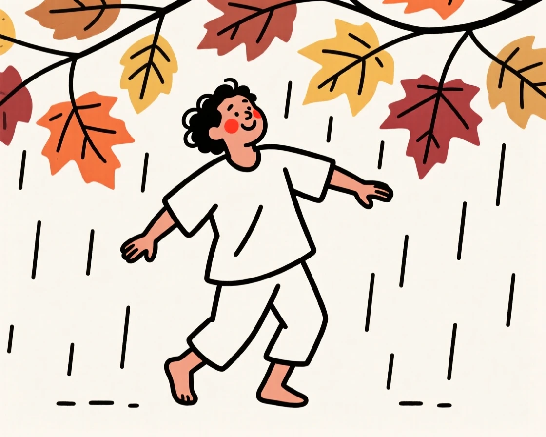 A father of Hawaiian heritage dancing barefoot in the rain, under a canopy of autumn leaves.