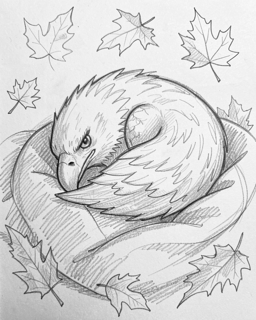 An adorable close-up of a soaring bald eagle curled up on a cozy blanket, surrounded by falling autumn leaves.