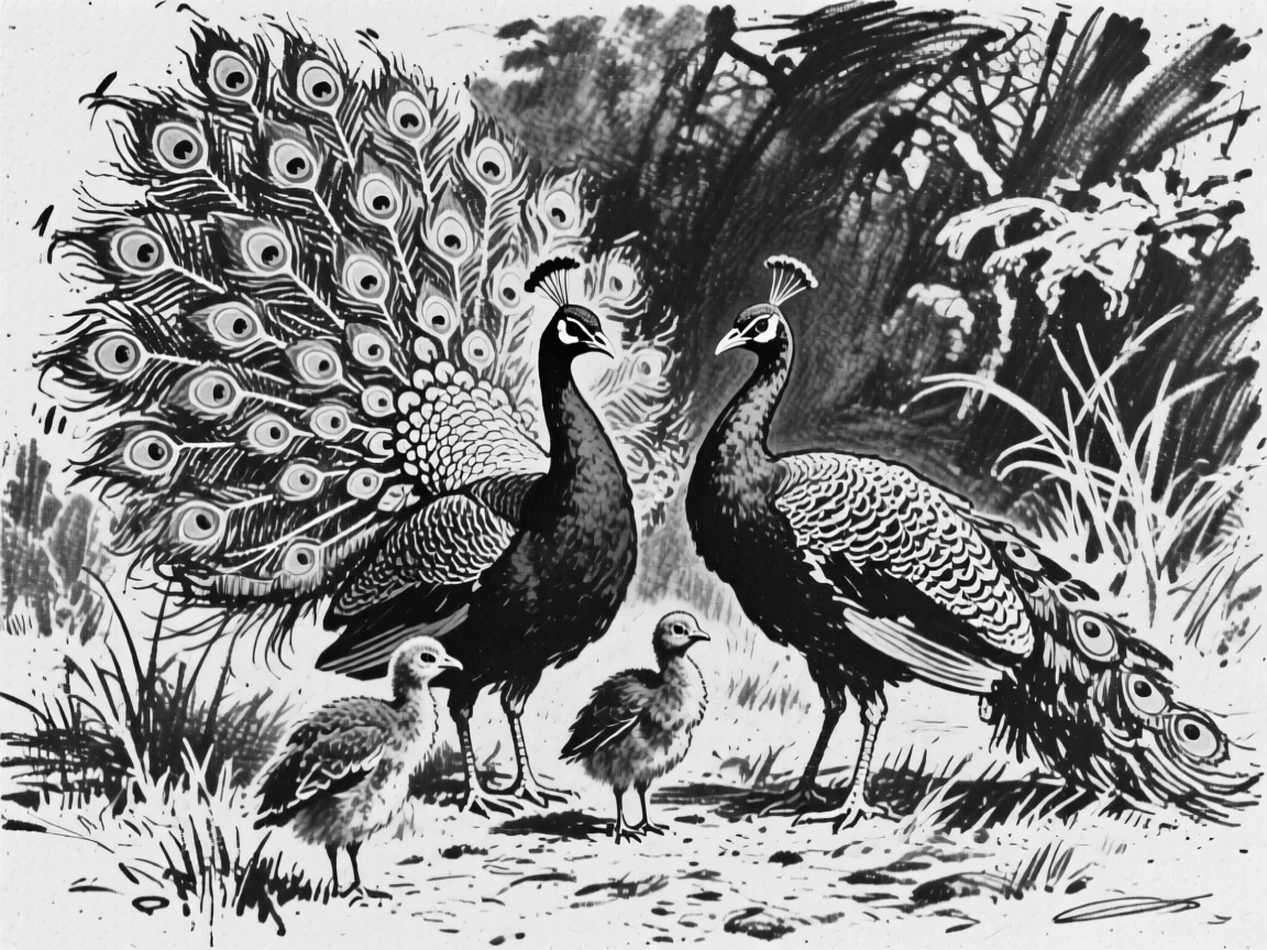 A peacock gathered together as a family in their natural habitat.