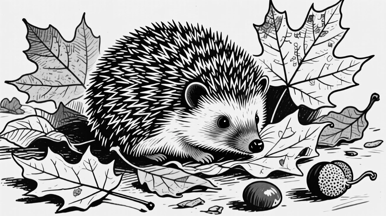 A hedgehog curled into a ball among fallen autumn leaves.