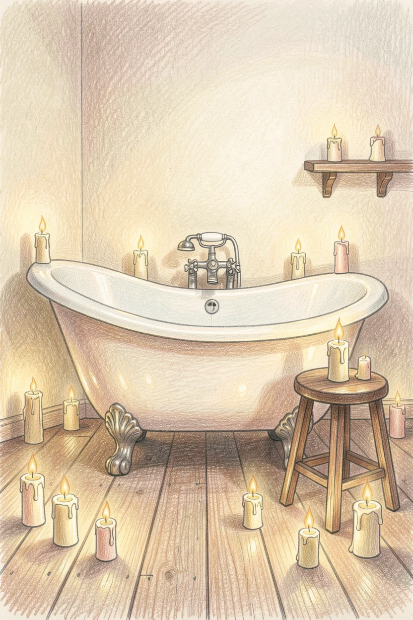 A vintage-style bathroom with a clawfoot tub surrounded by candles, with warm golden light spilling across the room, capturing the simple joys of home and hearth.