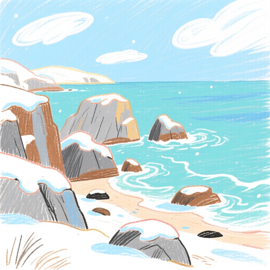 A view of a rocky coastline dusted lightly with the season's first snow.