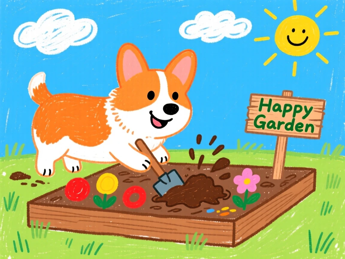 A friendly corgi digging happily in a garden bed.