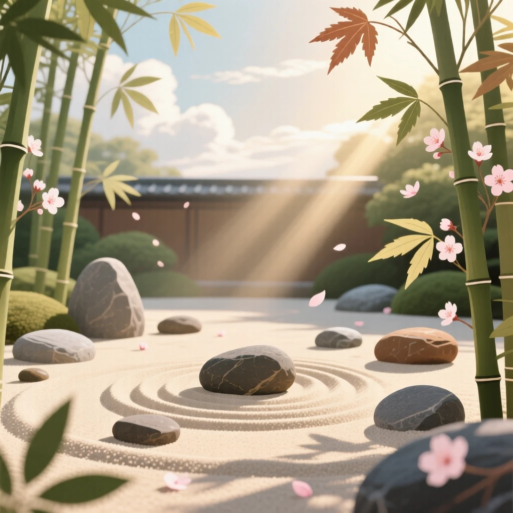 A peaceful zen garden with raked sand and smooth stones, with soft rays of sunlight breaking through the clouds, composed with soft natural framing from surrounding foliage, with delicate textures visible in every leaf and petal.