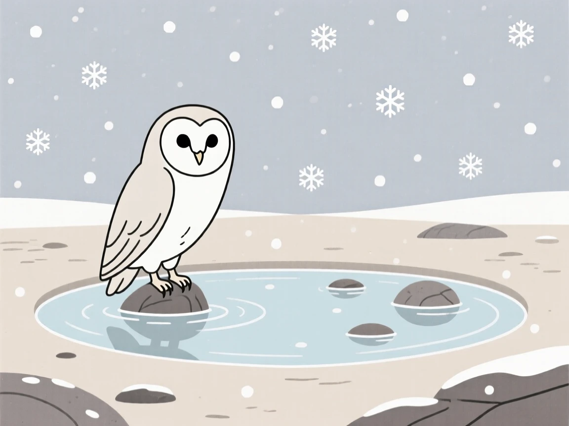 A curious barn owl pausing in a tide pool at low tide, with falling snowflakes in the background, radiating quiet tenderness.