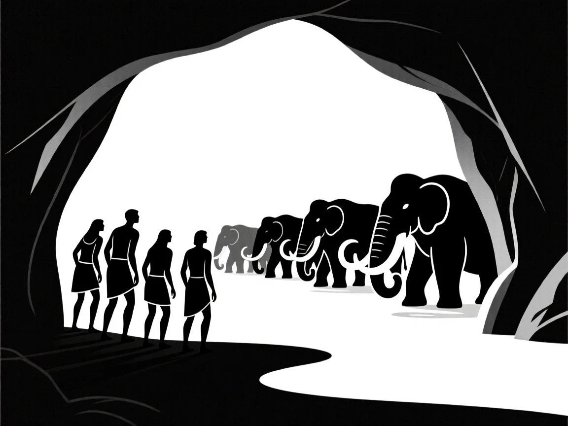 Early humans watching a herd of mammoths from a cave entrance.