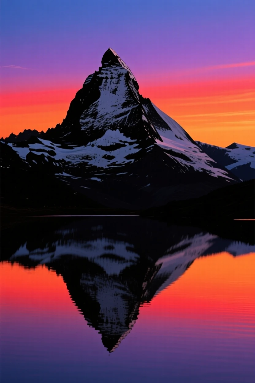 Snow-capped peaks perfectly mirrored in a still alpine lake.