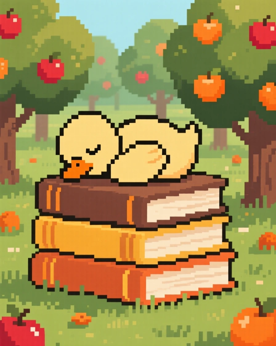 A duckling curled up asleep on a stack of books, in an orchard heavy with ripe fruit.