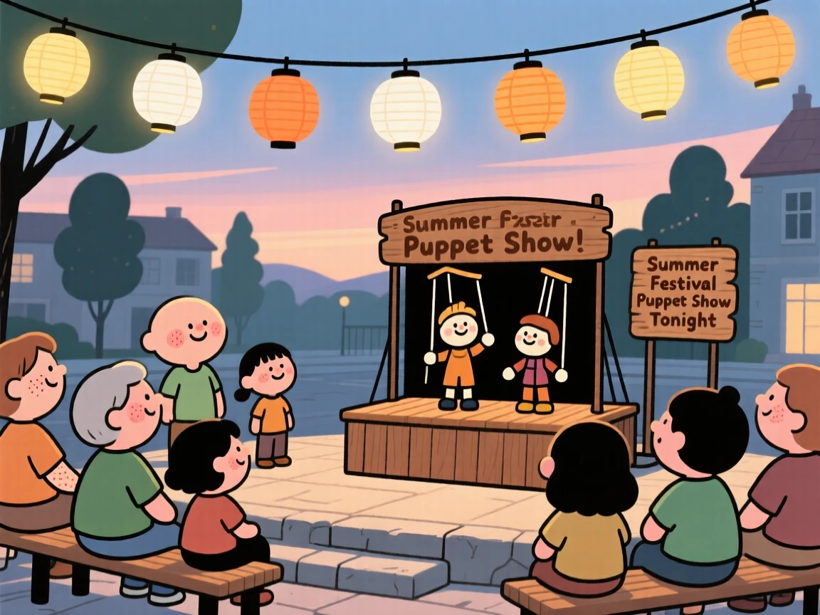 A community gathers in the town square for a summer festival, watching a puppet show beneath strings of glowing lanterns as evening falls.