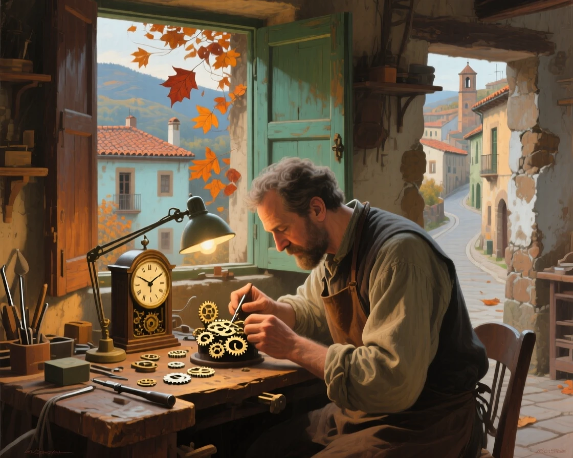 A well-framed scene of a clockmaker repairing an intricate timepiece under a magnifying lamp, amid swirling autumn wind, in a Spanish hill town.