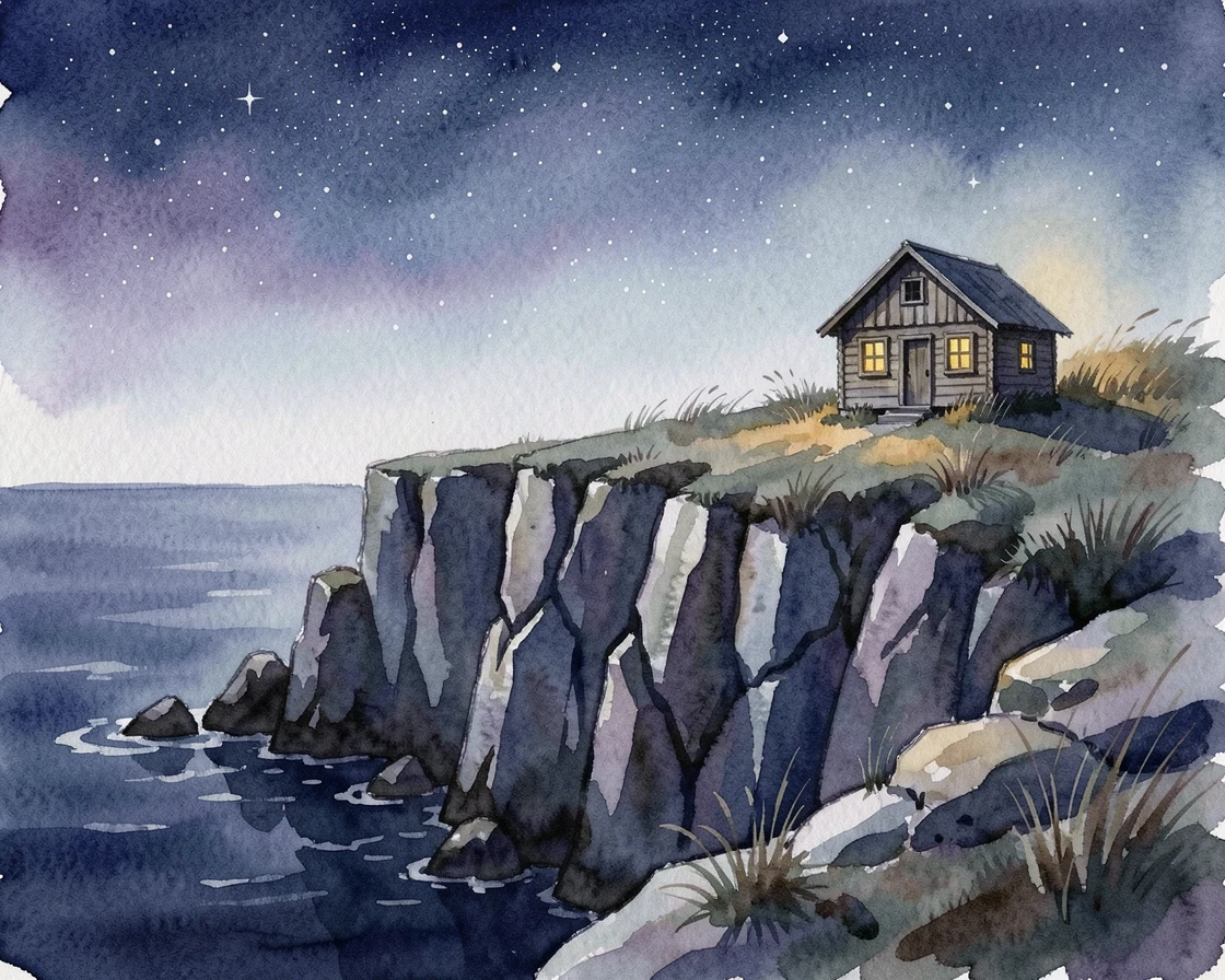 A dramatic sea cliff under a starry night sky with a small wooden cabin at the edge.