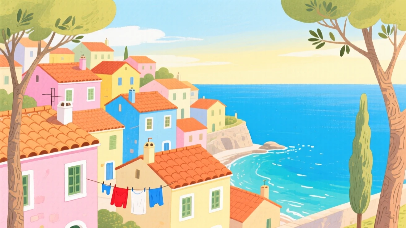 A stunning view of the colorful rooftops of a Mediterranean coastal village.