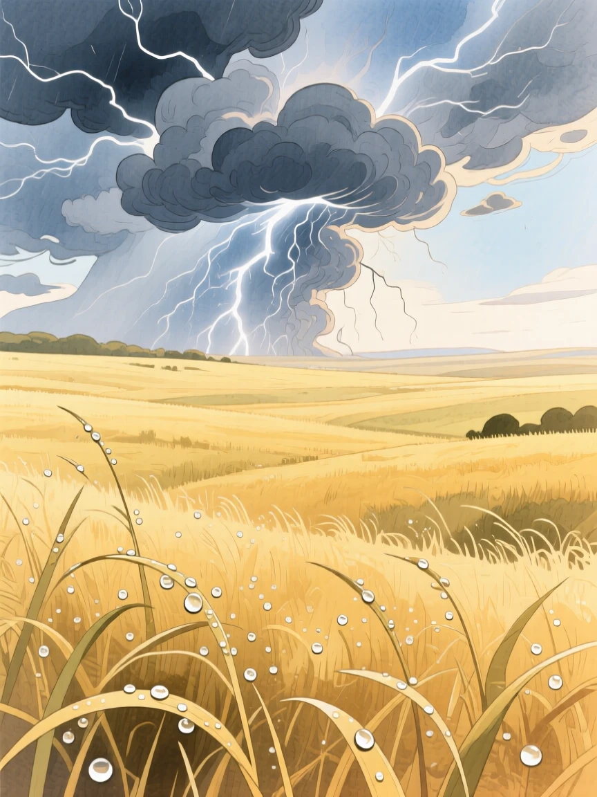 A dramatic thunderstorm rolling over golden prairie grass, with morning dew glistening on the grass, filled with quiet majesty and stillness.