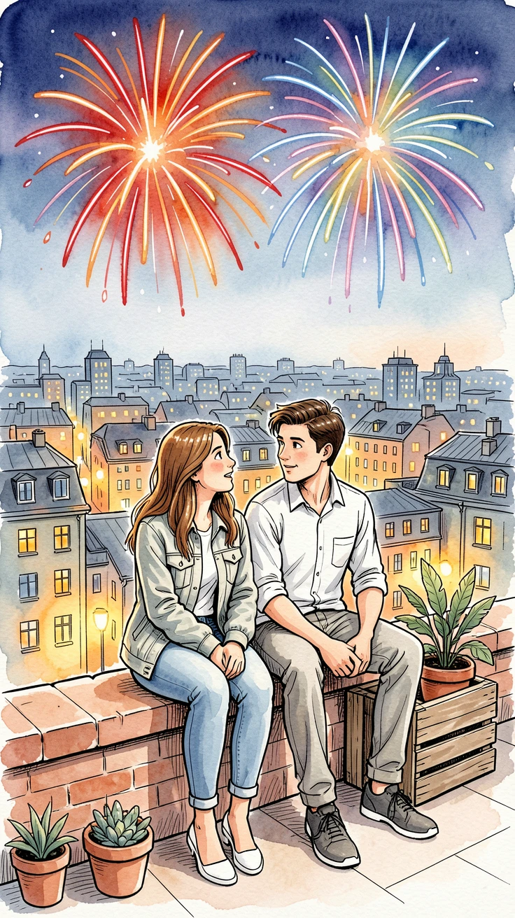 A young couple watching fireworks together from a rooftop, city lights spread below them