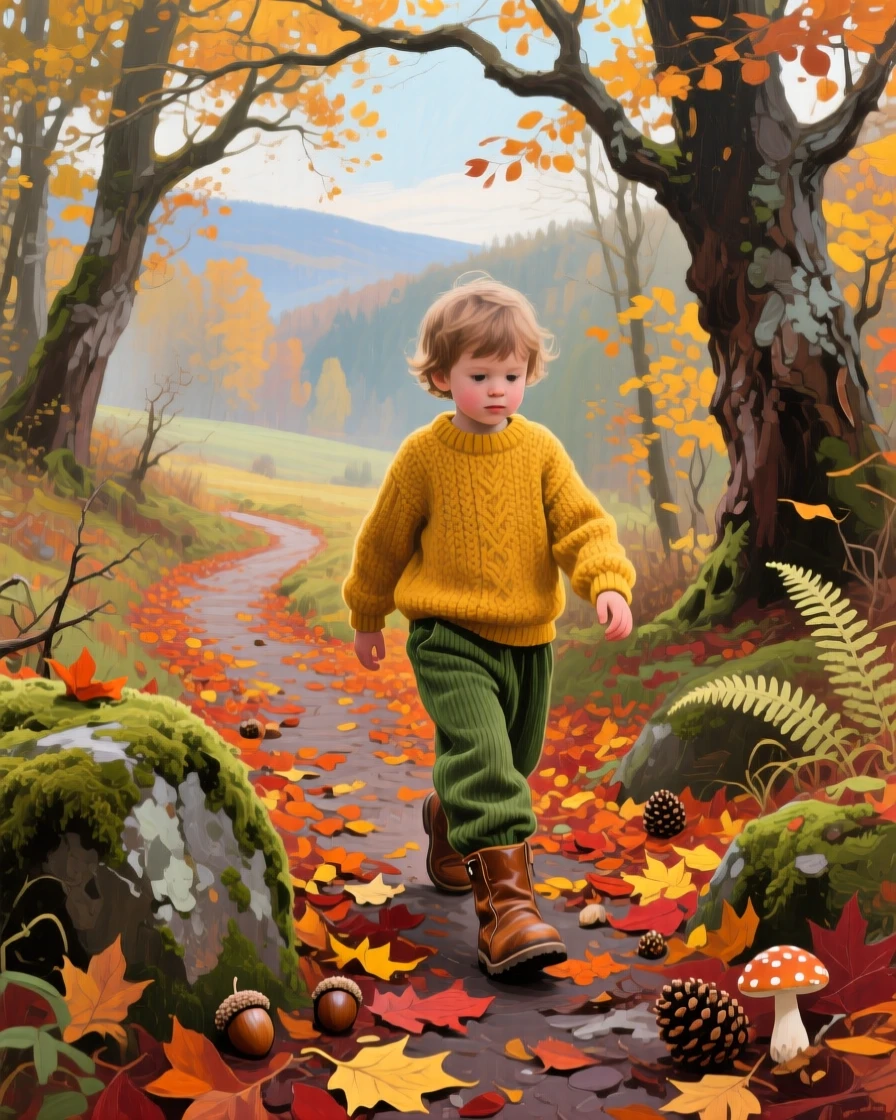 a child in boots following a woodland path, during the first days of autumn, with layered visual detail from foreground to horizon.