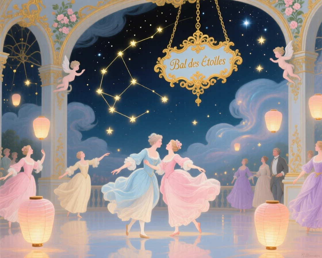 A celestial ballroom where dancers move among constellations and floating lanterns  