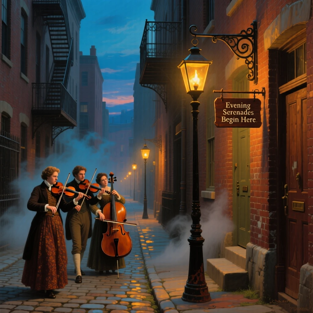 A group of musicians arrives in a narrow gaslit alley as evening lanterns are lit.