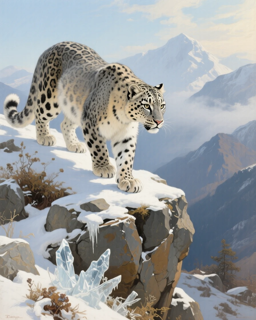 A snow leopard prowling silently across a rocky Himalayan ledge, with dramatic natural light catching every detail of its fur or feathers, celebrating the raw beauty and dignity of the animal kingdom