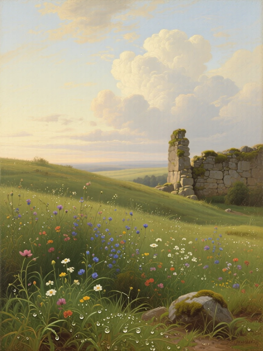 A rolling meadow dotted with wildflowers beneath a sky full of clouds captured in the fleeting stillness of a perfect moment, set beside the remnants of an old stone wall or ruin, with dew still clinging to blades of grass in the early light; a low horizon line gives dramatic weight to an expansive sky, radiating the serene majesty of untouched nature.