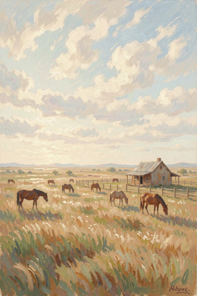A traditional gaucho ranch on the Argentine pampas, horses grazing beneath an endless open sky.