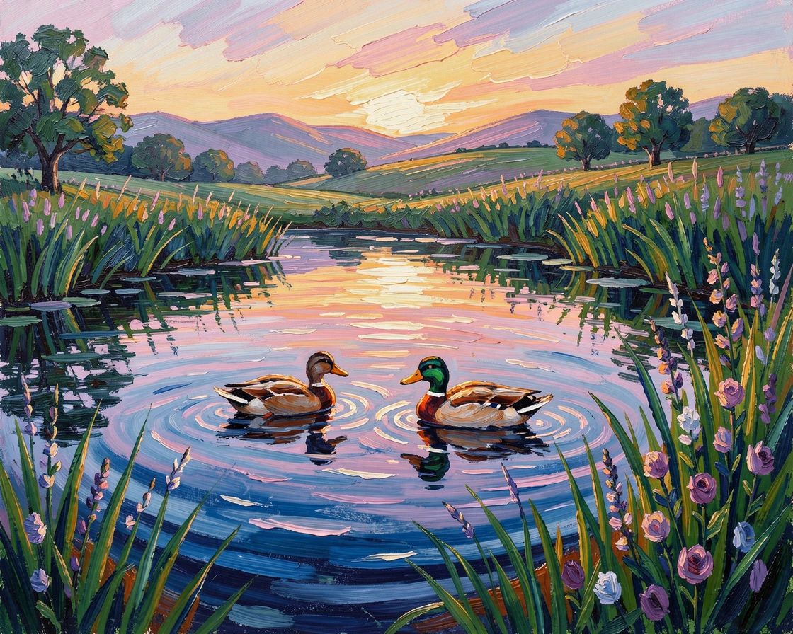 A quiet countryside pond with ducks gliding across still water at sunrise.
