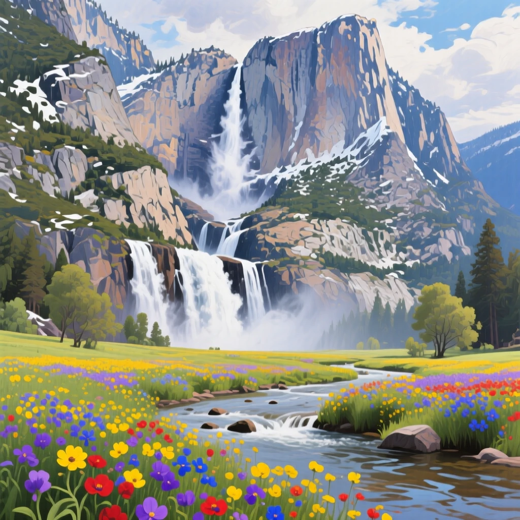 A dramatic waterfall in Yosemite Valley thunders down granite cliffs in spring snowmelt, wildflowers blooming in the meadow below, El Capitan rising in the distance, small ripples or movement in the foreground giving the otherwise still setting a sense of quiet life.