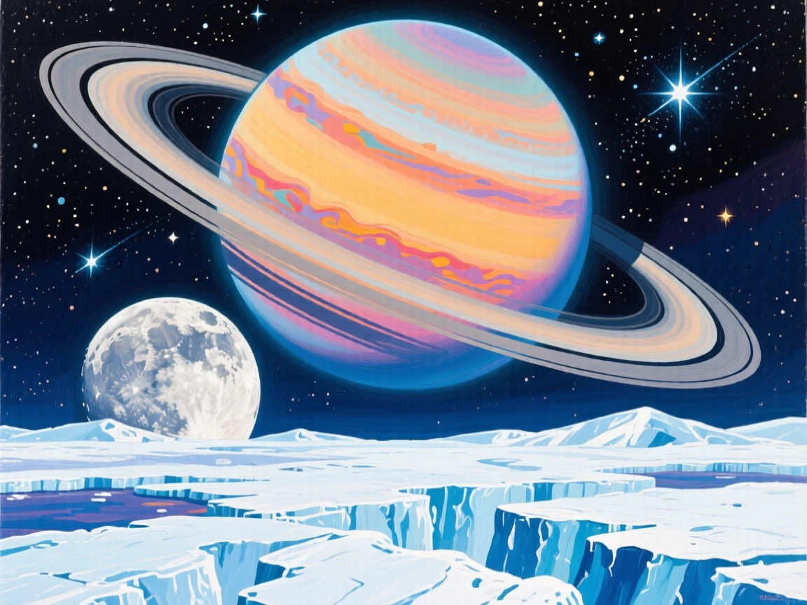 A colossal ringed planet looming over a moon's icy surface, its rings catching distant starlight
