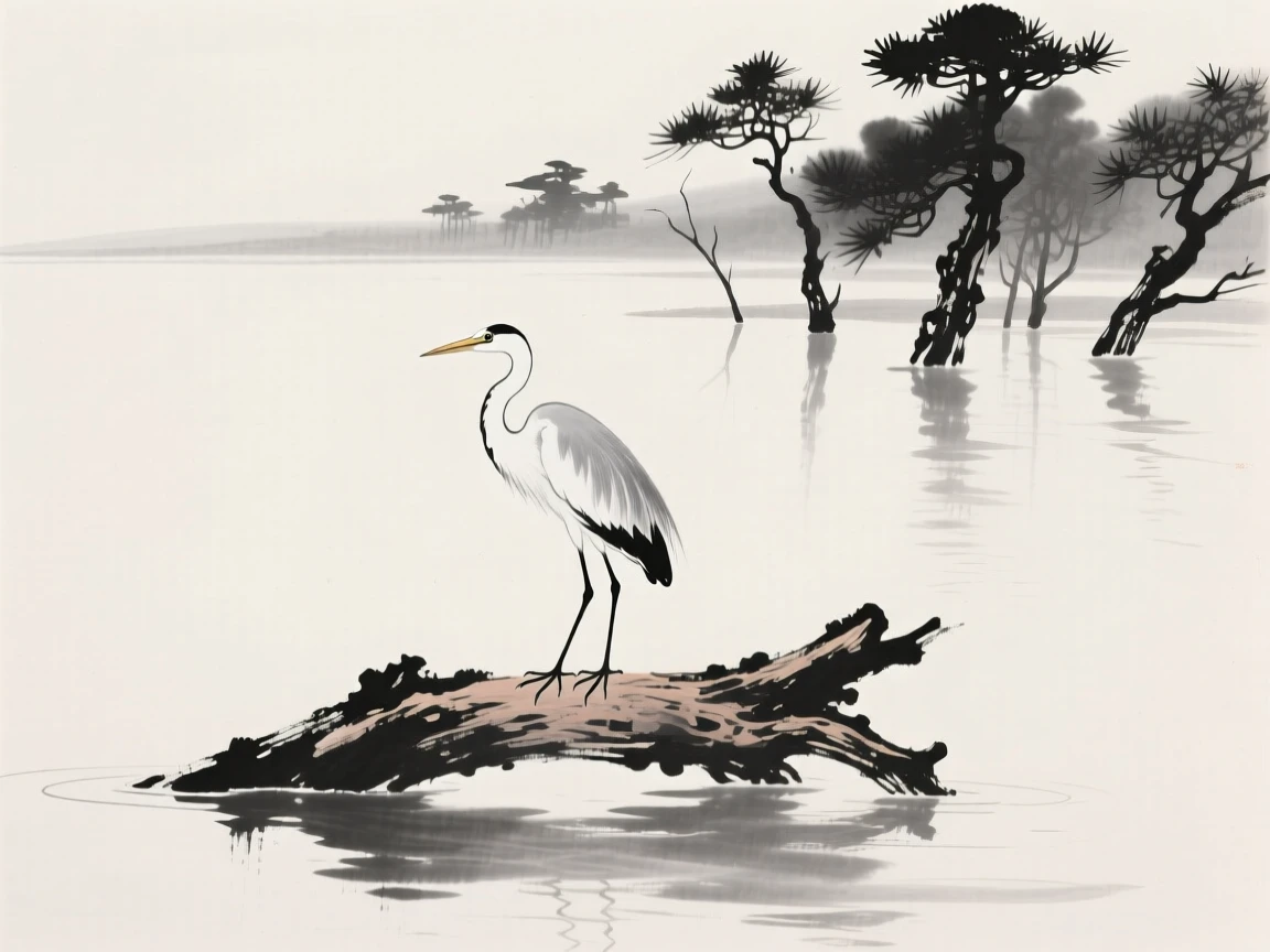 An egret perches motionless on a half-submerged log, with pine trees silhouetted on the horizon.