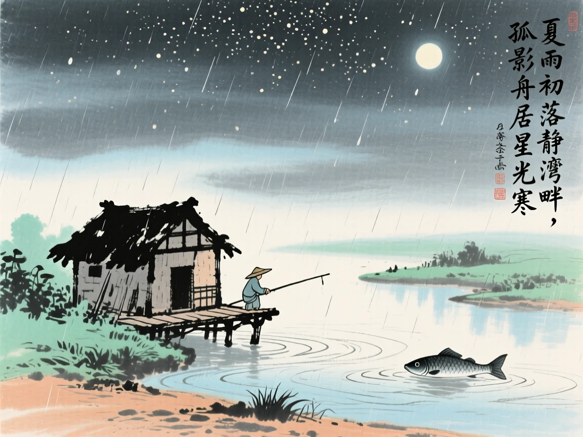 A solitary fisherman's hut perched at the edge of a quiet bay, as summer rain begins to fall, under a sky full of stars.