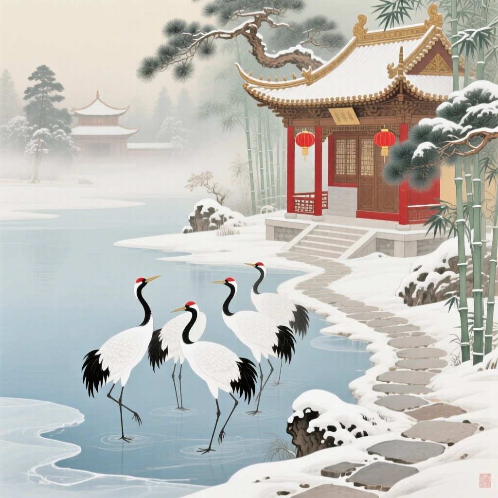 A frozen lake with cranes standing at its edge, a narrow path winding up toward a hidden temple