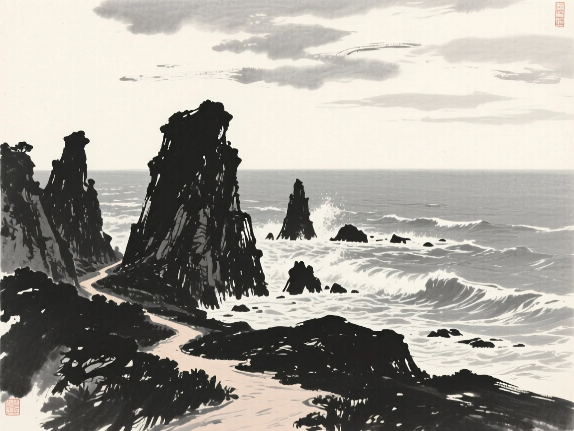 A rugged coastline where waves break against tall sea stacks under a wide open sky scattered with drifting clouds, captured from a narrow path winding into the depth of the scene, carrying a feeling of timeless peace and stillness.