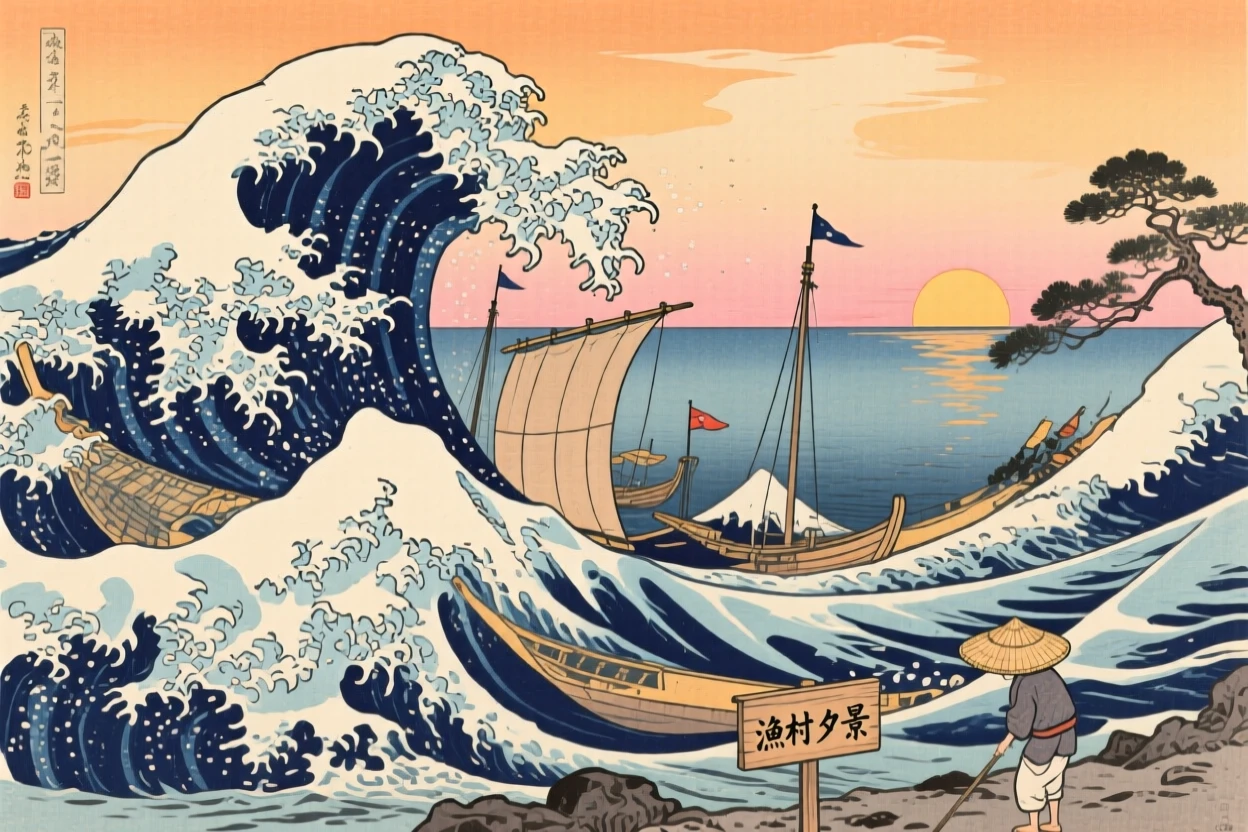 A row of anchored fishing vessels beneath towering ocean waves, at sunset.