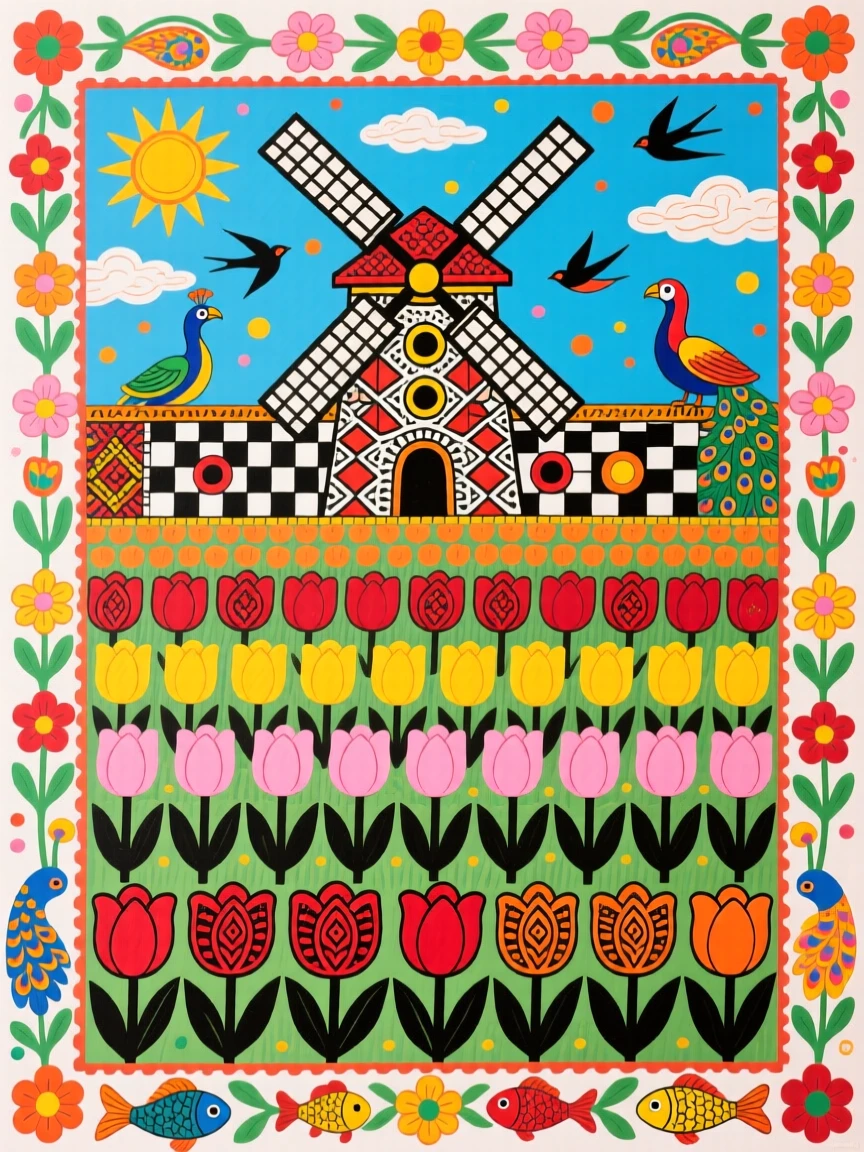 A field of tulips arranged in bands of color beneath a windmill.