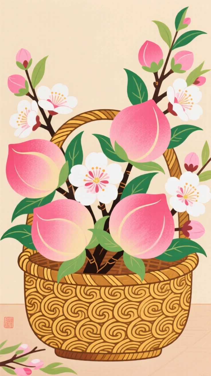 A still arrangement of peach blossoms in early spring in a woven bamboo basket.