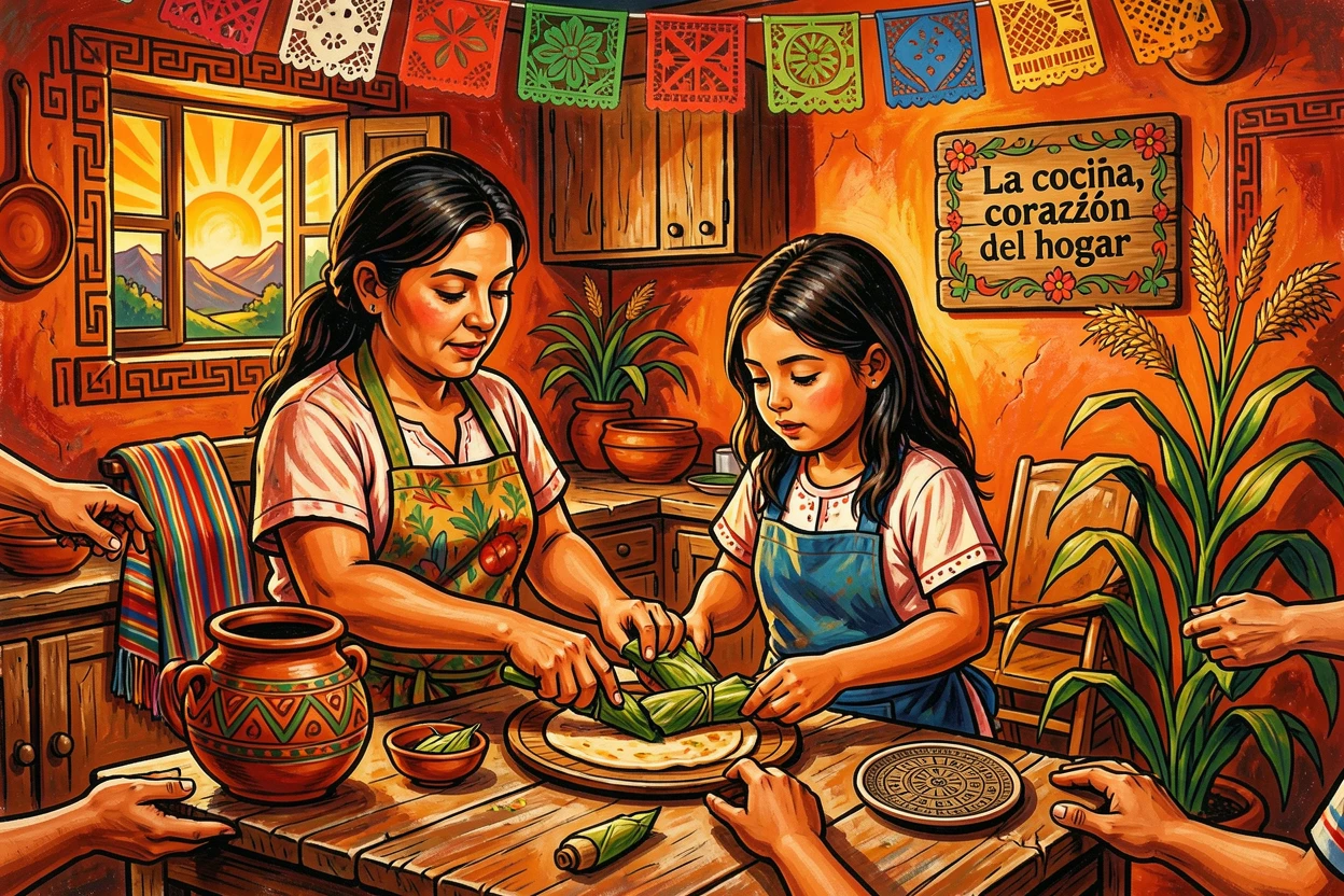 A mother and daughter cooking together in a warm kitchen