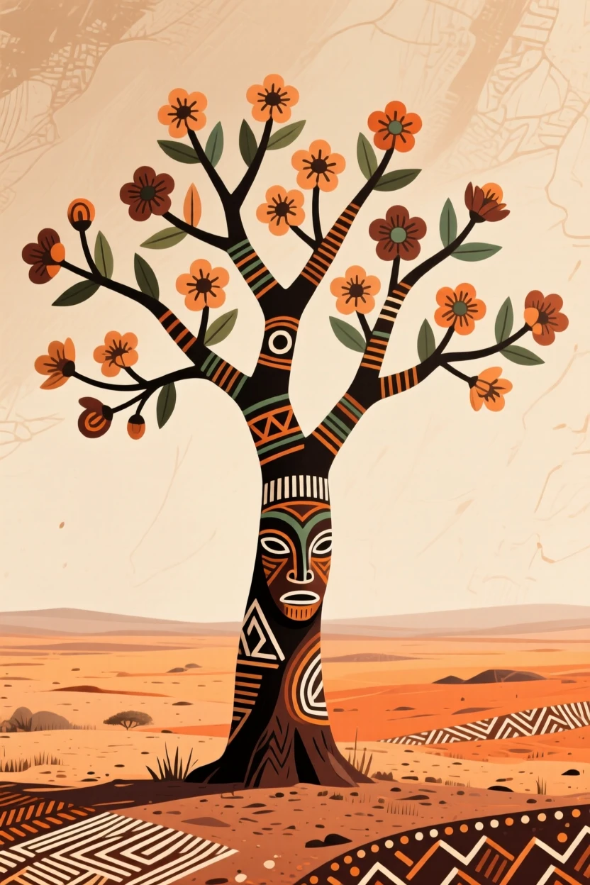 A lone flowering tree standing in the middle of a dry plain.