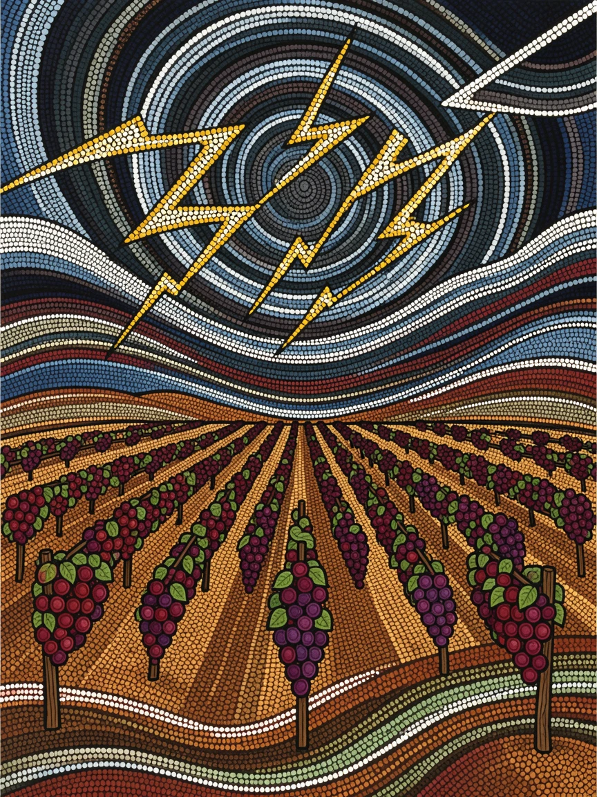A sprawling vineyard during a dramatic storm