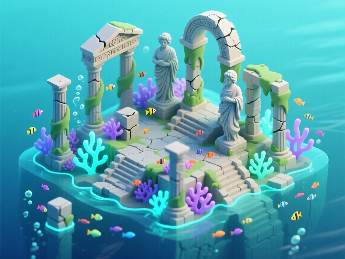A submerged Atlantis-style ruin city glowing with soft bioluminescent coral, ancient statues draped in seaweed, and schools of fish weaving through broken columns.