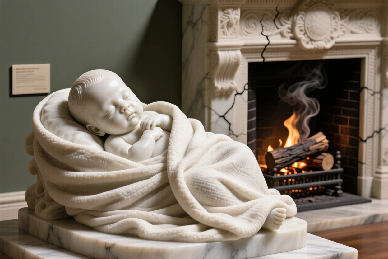 A tender portrait of a newborn baby cradled in blankets, shielding their eyes from the sun, beside a crackling fireplace, evoking warmth and humanity