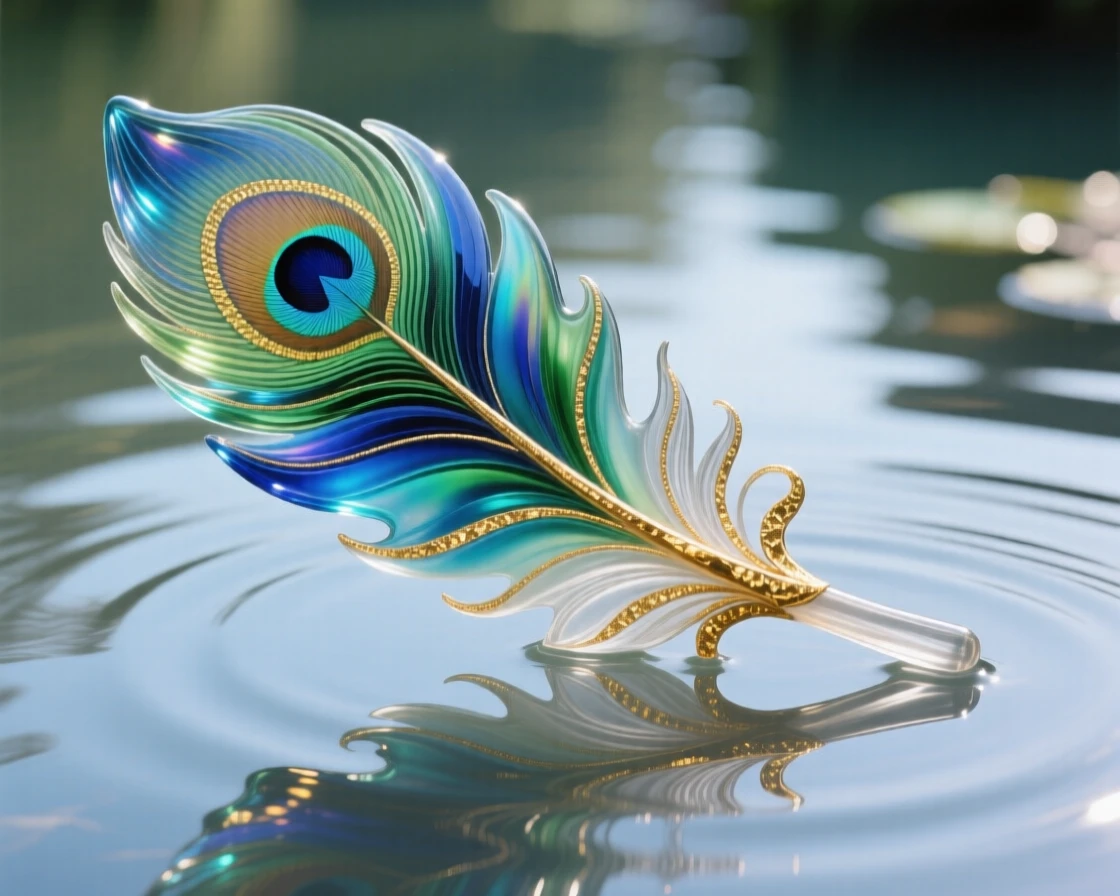 A single peacock feather floating gently on a still pond, elegant and symbolic.