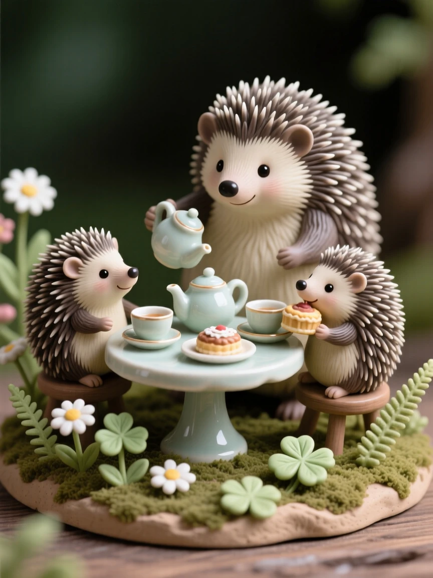 A family of hedgehogs having a tea party captured in a charming, storybook moment, framed by miniature flowers and leaves, evoking childlike wonder and gentle humor.