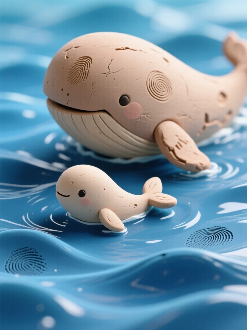 A whale calf swimming close beside its mother through blue water