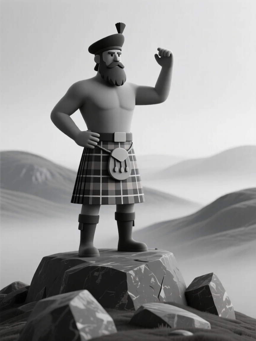 A proud Scottish clan chief stands atop a rocky hill in a tartan kilt, wind sweeping across misty highlands.
