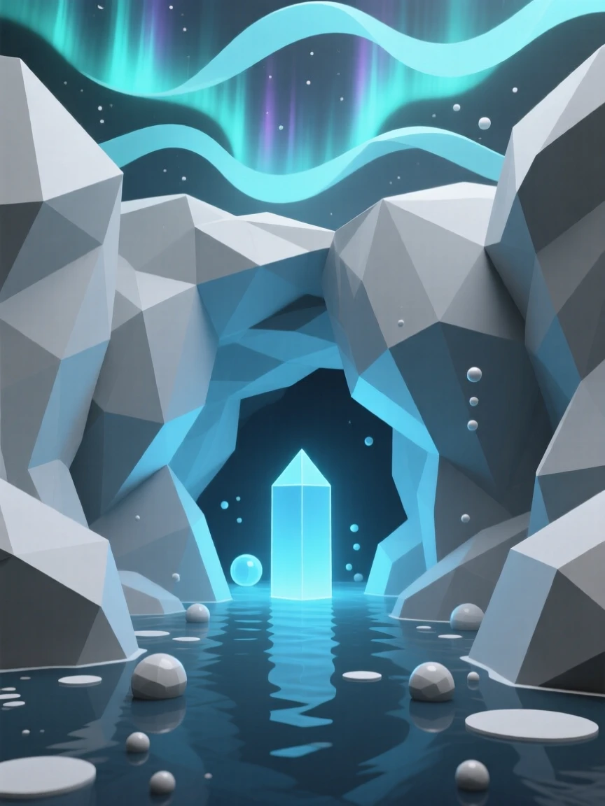 An underwater cave glowing with soft blue light, beneath shimmering auroras. the scale of the scene emphasizes its vastness and wonder. A sense of quiet wonder fills the cosmos.